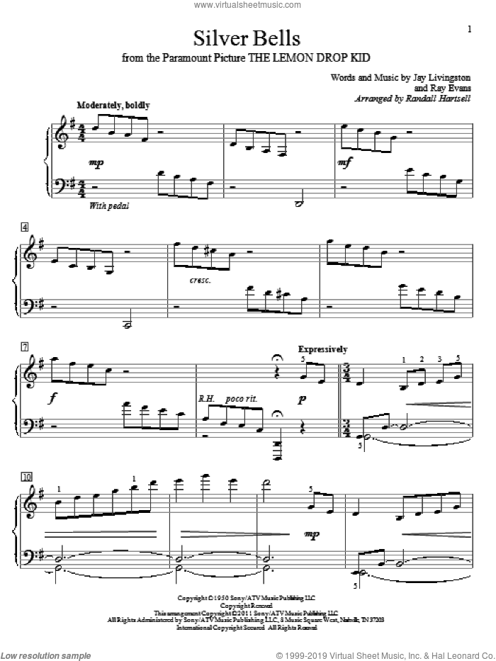 Silver Bells, (beginner) sheet music for piano solo (elementary) by Jay Livingston, Randall Hartsell and Ray Evans, beginner piano (elementary)