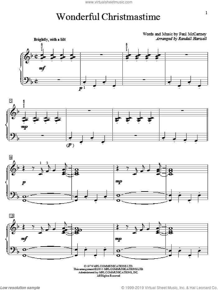 Wonderful Christmastime sheet music for piano solo (elementary) by Paul McCartney and Randall Hartsell, beginner piano (elementary)