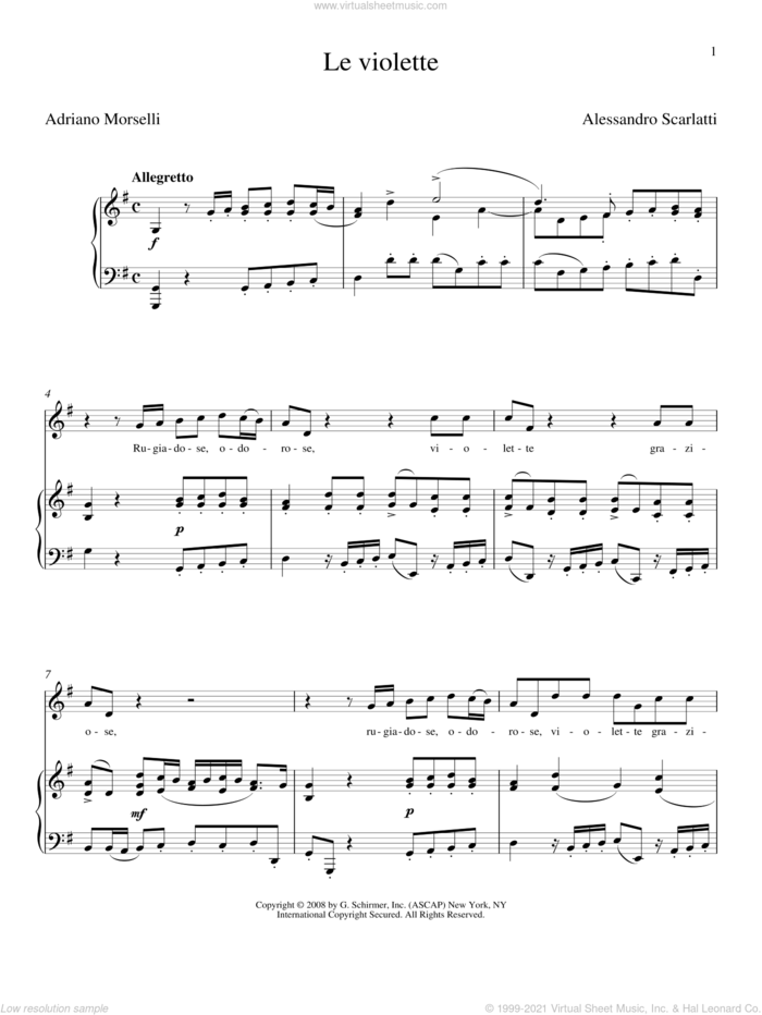 Le Violette sheet music for voice and piano by Alessandro Scarlatti and Adriano Morselli, classical score, intermediate skill level