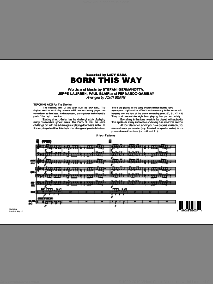 Born This Way (COMPLETE) sheet music for jazz band by Lady GaGa, Fernando Garibay, Jeppe Laursen, John Berry and Paul Blair, intermediate skill level