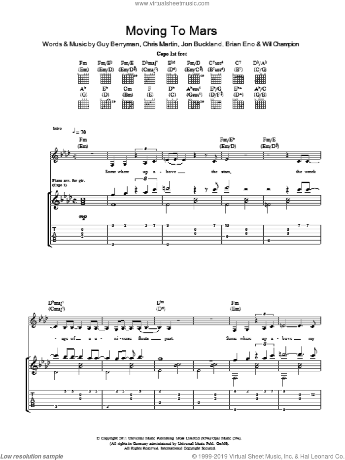 Moving To Mars sheet music for guitar (tablature) by Coldplay, Brian Eno, Chris Martin, Guy Berryman, Jon Buckland and Will Champion, intermediate skill level