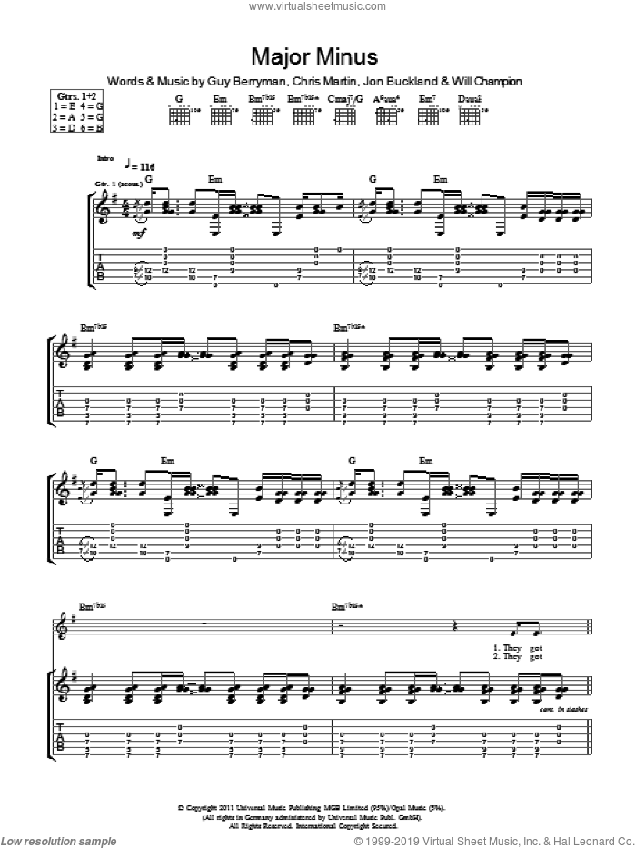 Major Minus sheet music for guitar (tablature) by Coldplay, Chris Martin, Guy Berryman, Jon Buckland and Will Champion, intermediate skill level