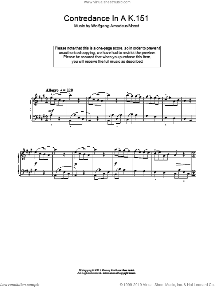 Contredance In A K.151 sheet music for piano solo by Wolfgang Amadeus Mozart, classical score, easy skill level