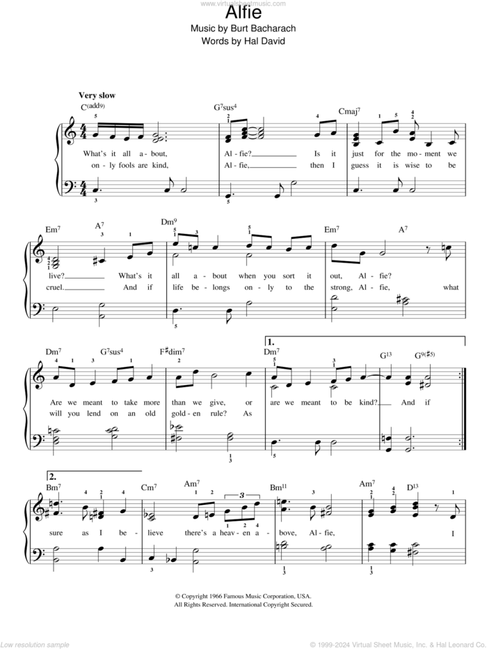 Alfie sheet music for piano solo by Bacharach & David, Burt Bacharach and Hal David, easy skill level