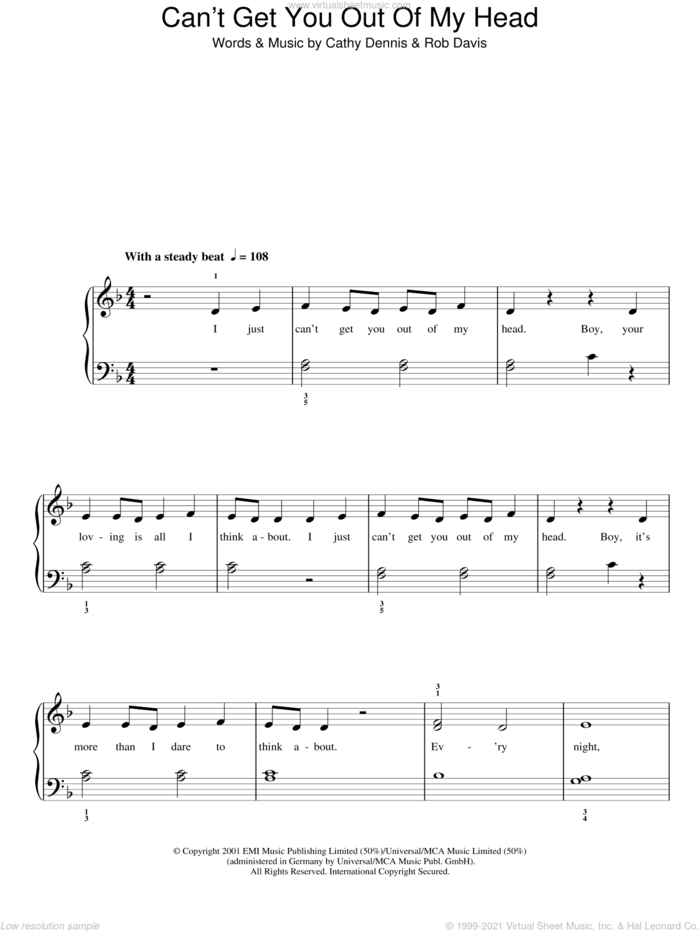 Can't Get You Out Of My Head sheet music for piano solo by Kylie Minogue, Cathy Dennis and Rob Davis, easy skill level