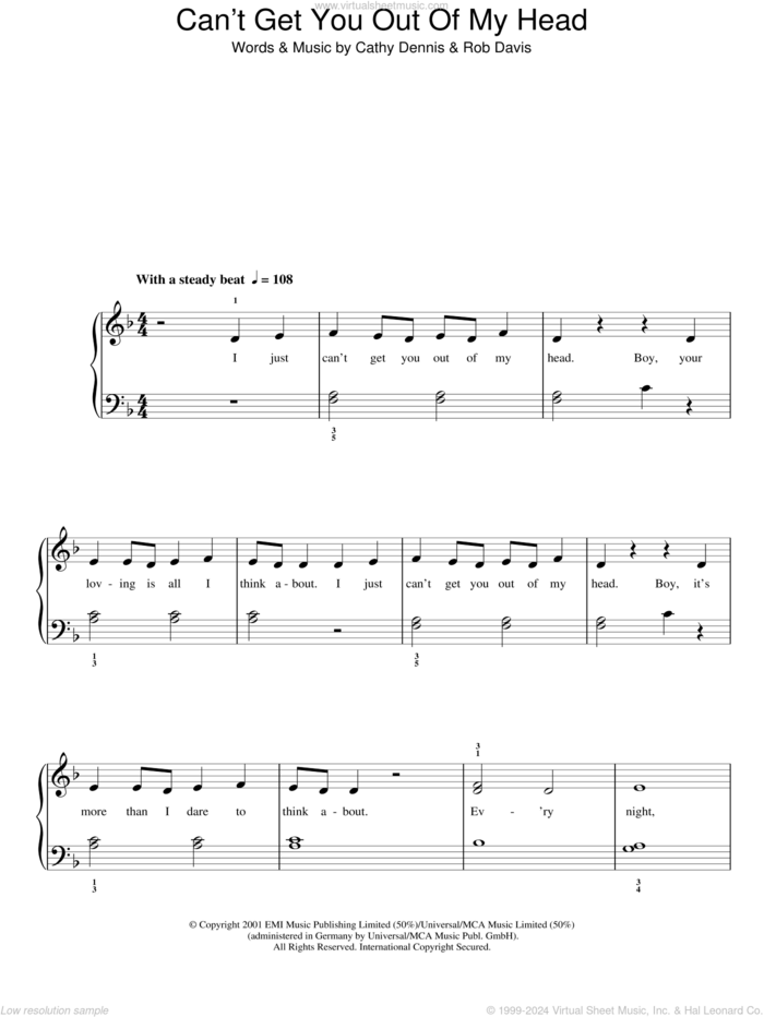 Can't Get You Out Of My Head sheet music for piano solo by Kylie Minogue, Cathy Dennis and Rob Davis, easy skill level