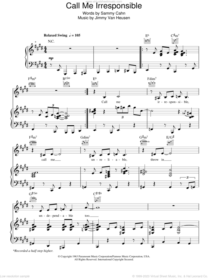Call Me Irresponsible sheet music for voice, piano or guitar by Michael Buble, Frank Sinatra, Jimmy van Heusen and Sammy Cahn, intermediate skill level