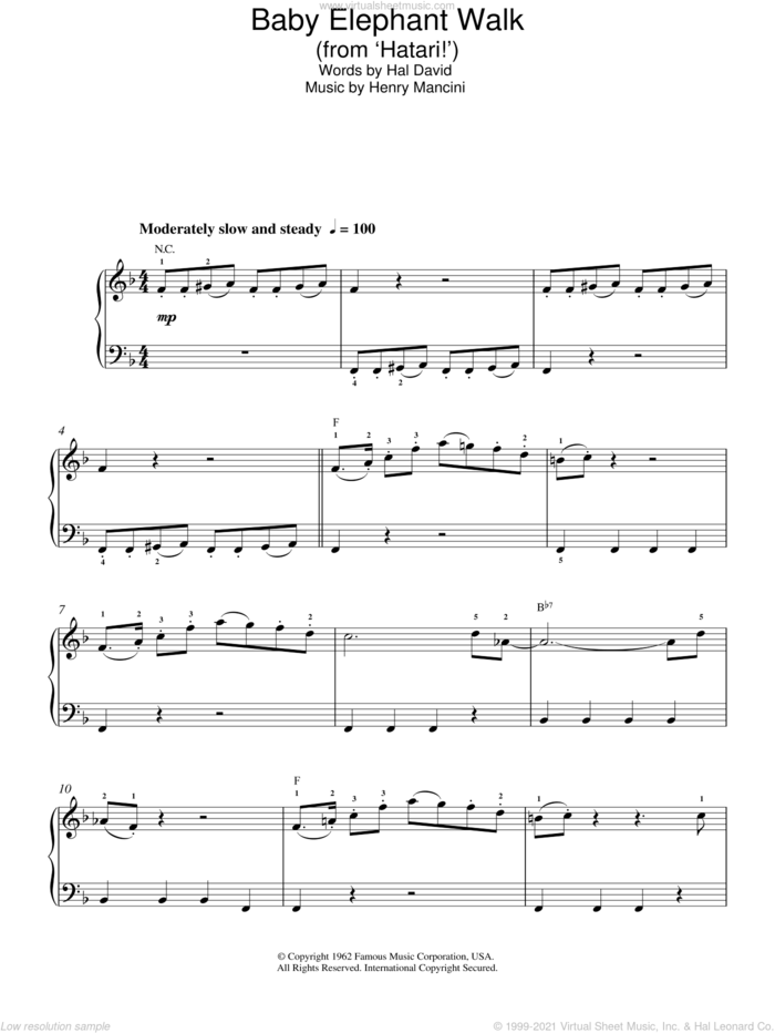 Baby Elephant Walk sheet music for piano solo by Henry Mancini, easy skill level