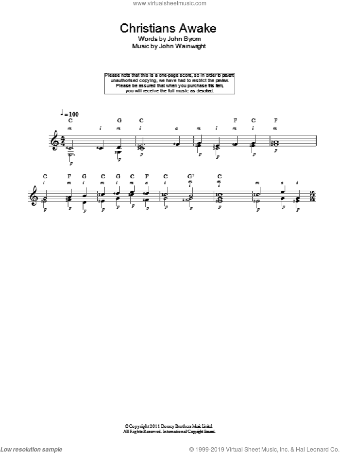 Christians Awake sheet music for guitar solo (chords) by John Byrom, Miscellaneous and John Wainwright, easy guitar (chords)