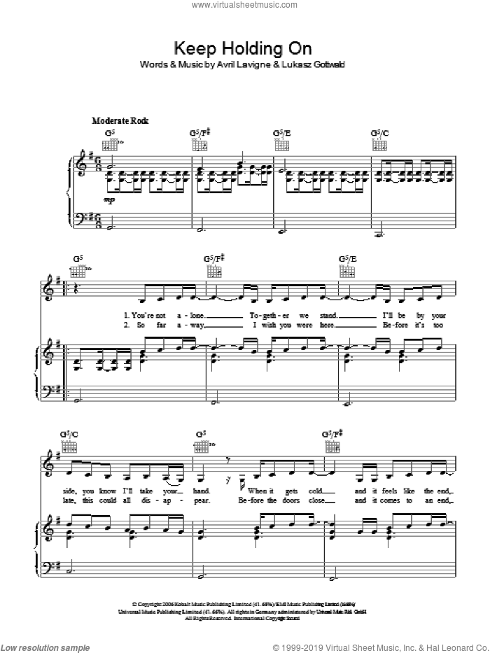 Keep Holding On sheet music for voice, piano or guitar by Avril Lavigne and Lukasz Gottwald, intermediate skill level