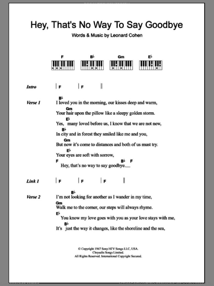 Hey, That's No Way To Say Goodbye sheet music for piano solo (chords, lyrics, melody) by Leonard Cohen, intermediate piano (chords, lyrics, melody)