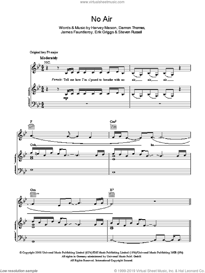No Air sheet music for voice, piano or guitar by Glee Cast, Chris Brown, Jordin Sparks, Jordin Sparks with Chris Brown, Miscellaneous, Damon Thomas, Erik Griggs, Harvey Mason, James Fauntleroy and Steven Russell, intermediate skill level