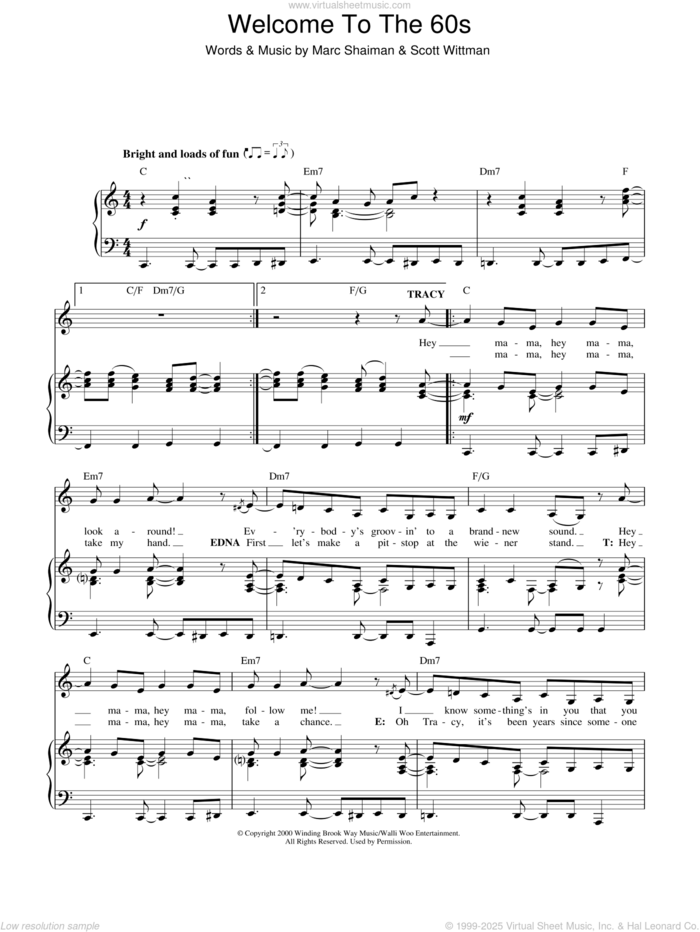 Welcome To The 60's sheet music for voice, piano or guitar by Marc Shaiman, Hairspray (Musical) and Scott Wittman, intermediate skill level