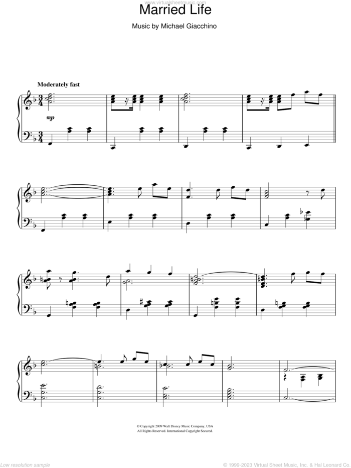 Married Life (from Up), (intermediate) sheet music for piano solo by Michael Giacchino and Up (Movie), intermediate skill level
