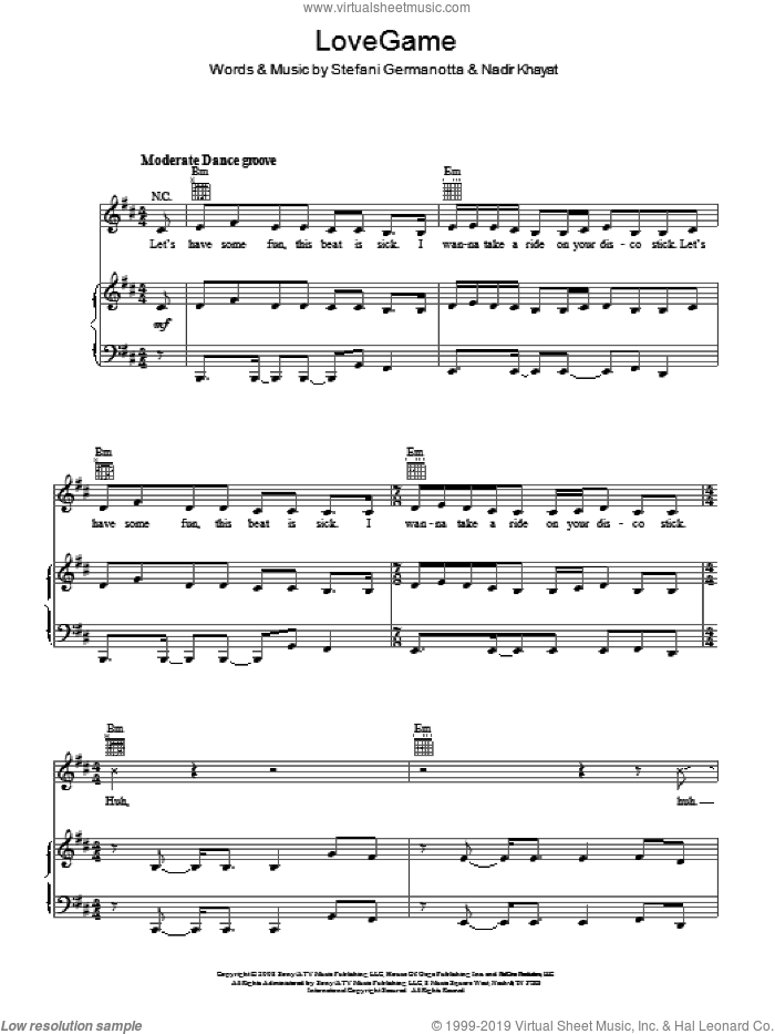 Lovegame sheet music for voice, piano or guitar by Lady GaGa and Nadir Khayat, intermediate skill level