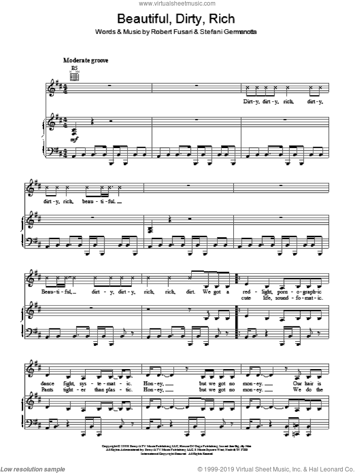 Beautiful, Dirty, Rich sheet music for voice, piano or guitar by Lady GaGa and Robert Fusari, intermediate skill level