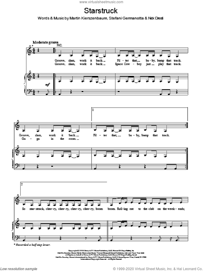 Starstruck sheet music for voice, piano or guitar by Lady GaGa, Tramar Dillard, Martin Kierszenbaum and Nick Dresti, intermediate skill level