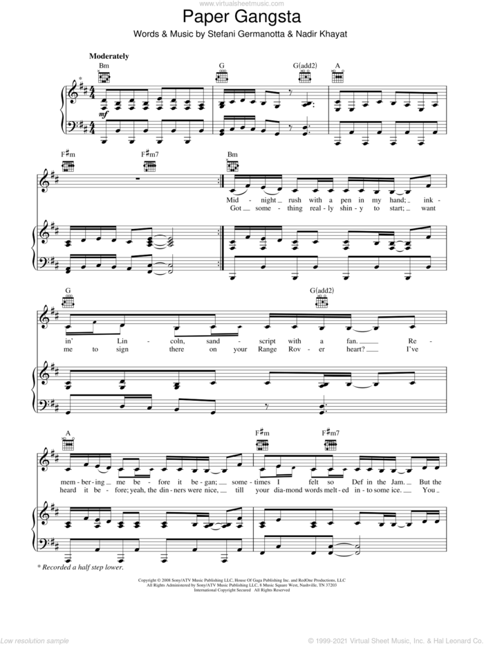 Paper Gangsta sheet music for voice, piano or guitar by Lady GaGa and Nadir Khayat, intermediate skill level