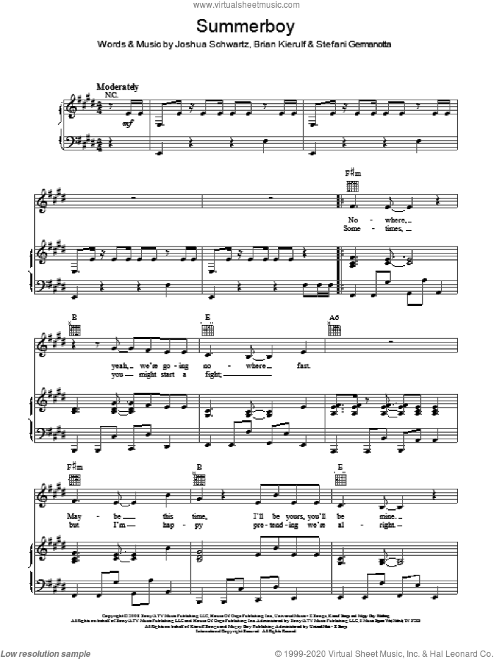 Summerboy sheet music for voice, piano or guitar by Lady GaGa, Brian Kierulf and Joshua Schwartz, intermediate skill level