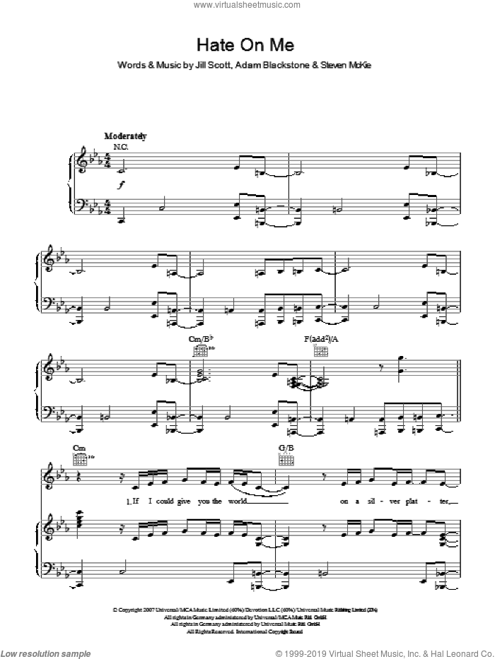 Hate On Me sheet music for voice, piano or guitar by Glee Cast, Miscellaneous, Adam Blackstone, Jill Scott and Steven McKie, intermediate skill level