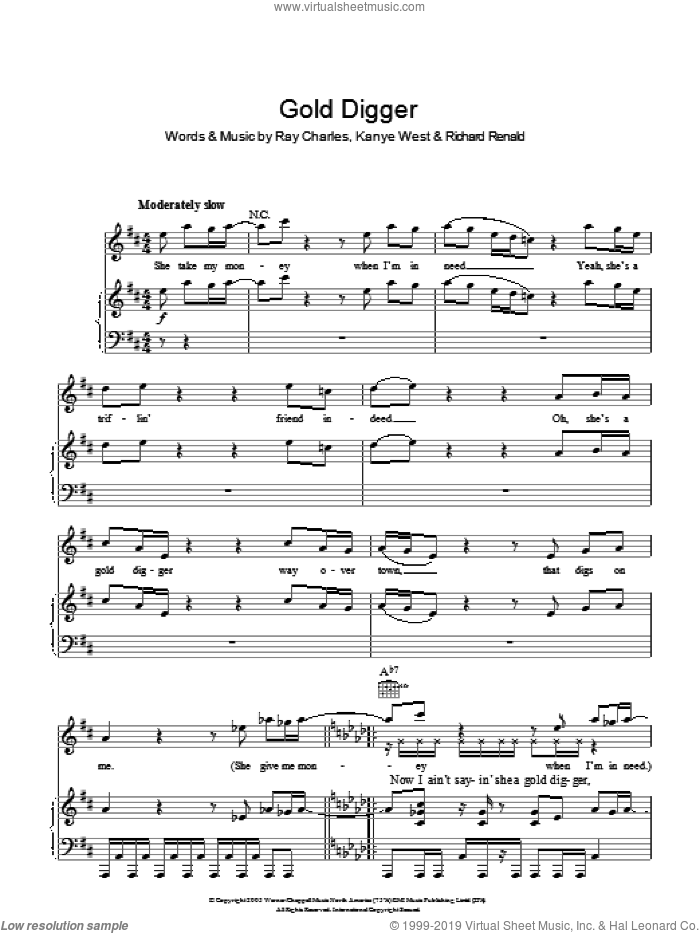 Gold Digger sheet music for voice, piano or guitar by Kanye West, Ray Charles and Renald J. Richard, intermediate skill level