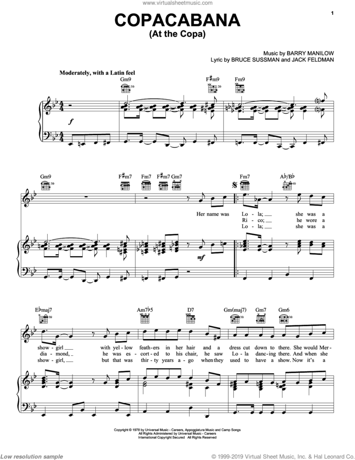 Copacabana (At The Copa) sheet music for voice, piano or guitar by Barry Manilow, Bruce Sussman and Jack Feldman, intermediate skill level