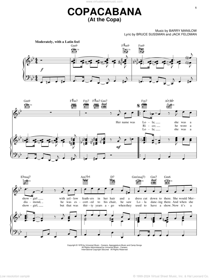 Copacabana (At The Copa) sheet music for voice, piano or guitar by Barry Manilow, Bruce Sussman and Jack Feldman, intermediate skill level