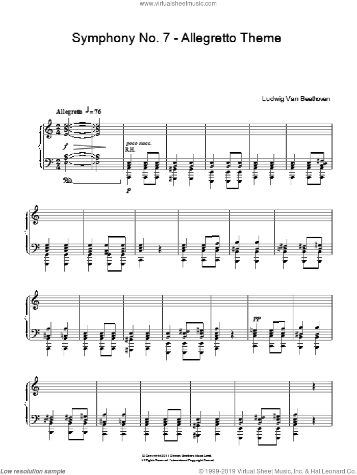Speaking Unto Nations (Symphony No. 7 - Allegretto) sheet music for piano solo by Ludwig van Beethoven, classical score, intermediate skill level
