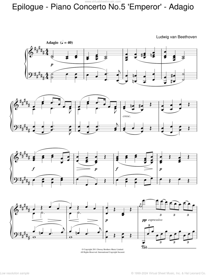 Epilogue (Piano Concerto No.5 'Emperor' - Adagio) sheet music for piano solo by Ludwig van Beethoven, classical score, intermediate skill level