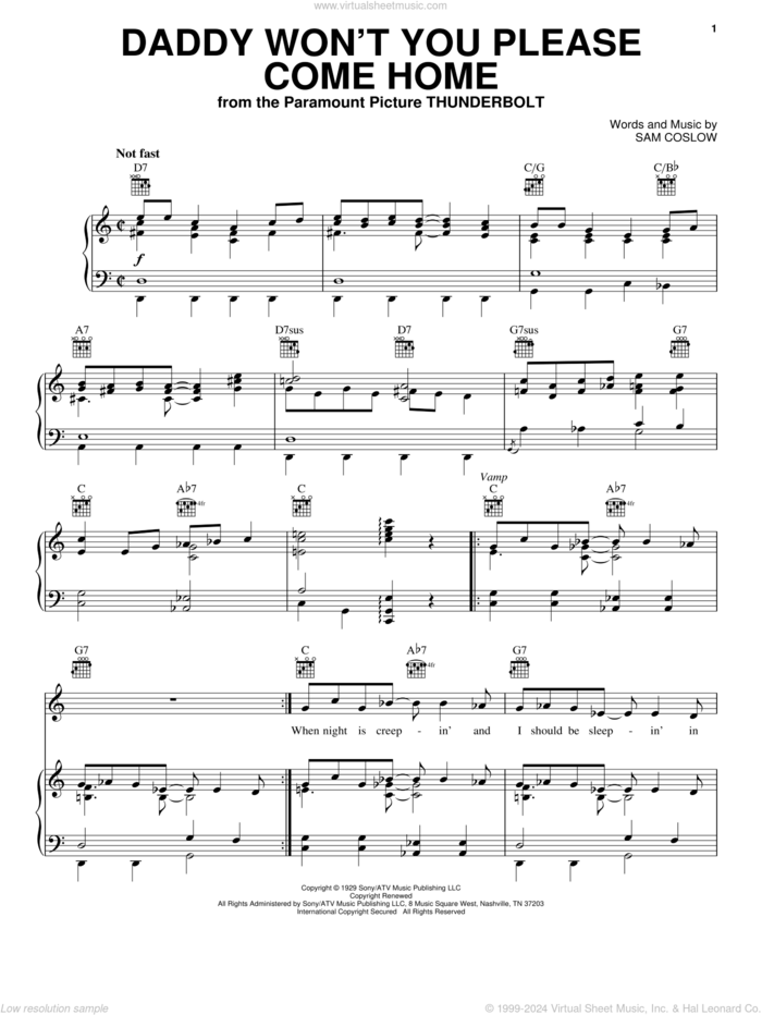 Daddy Won't You Please Come Home sheet music for voice, piano or guitar by Sam Coslow, intermediate skill level