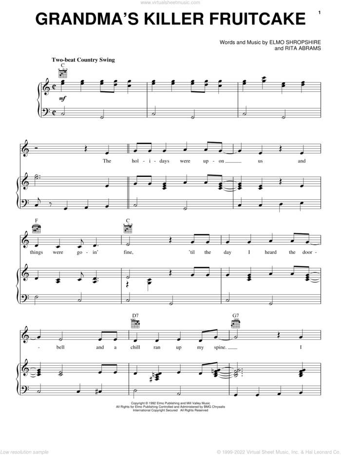 Grandma's Killer Fruitcake sheet music for voice, piano or guitar by Dr. Elmo, Elmo Shropshire and Rita Abrams, intermediate skill level