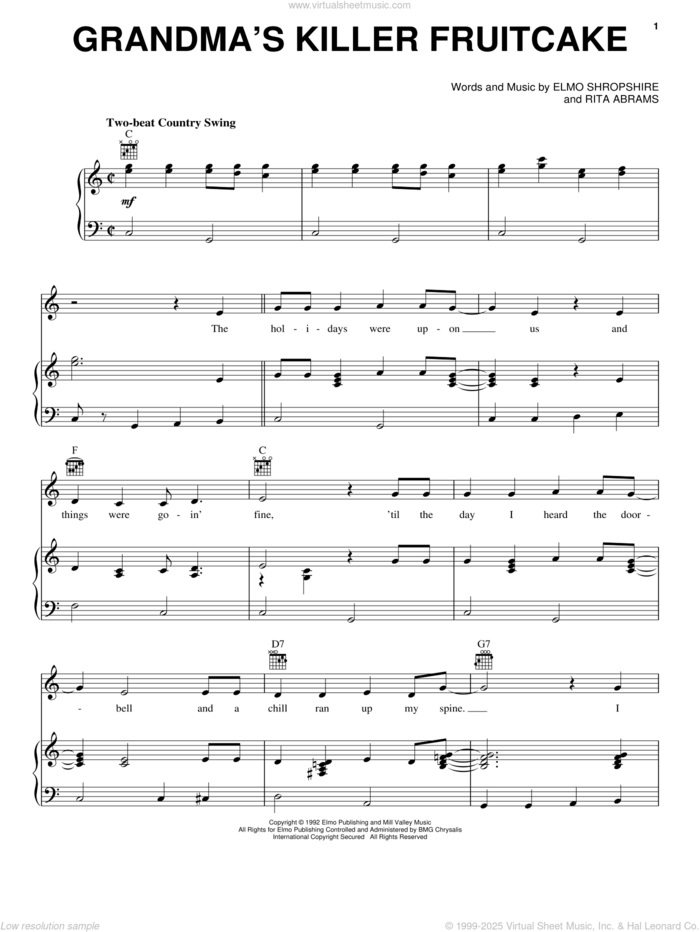 Grandma's Killer Fruitcake sheet music for voice, piano or guitar by Dr. Elmo, Elmo Shropshire and Rita Abrams, intermediate skill level