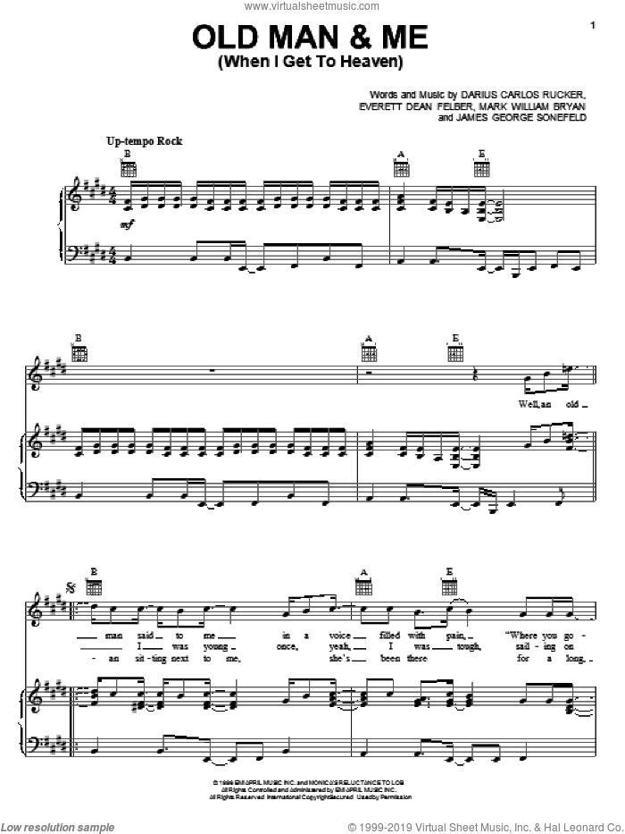 Old Man and Me (When I Get To Heaven) sheet music for voice, piano or guitar by Hootie & The Blowfish, Darius Carlos Rucker, Everett Dean Felber, James George Sonefeld and Mark William Bryan, intermediate skill level