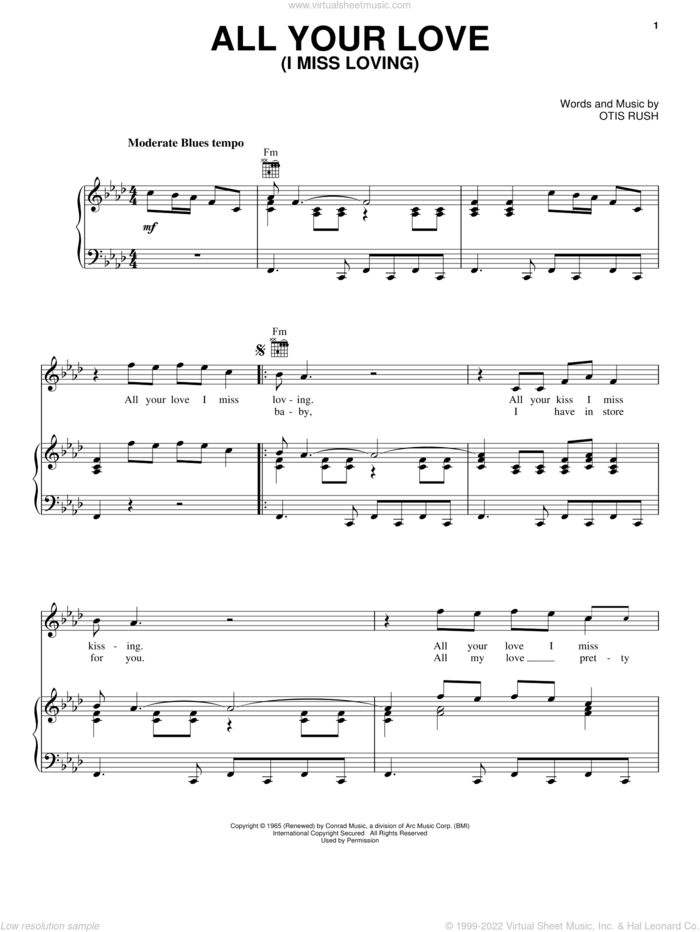 All Your Love (I Miss Loving) sheet music for voice, piano or guitar by Otis Rush, intermediate skill level