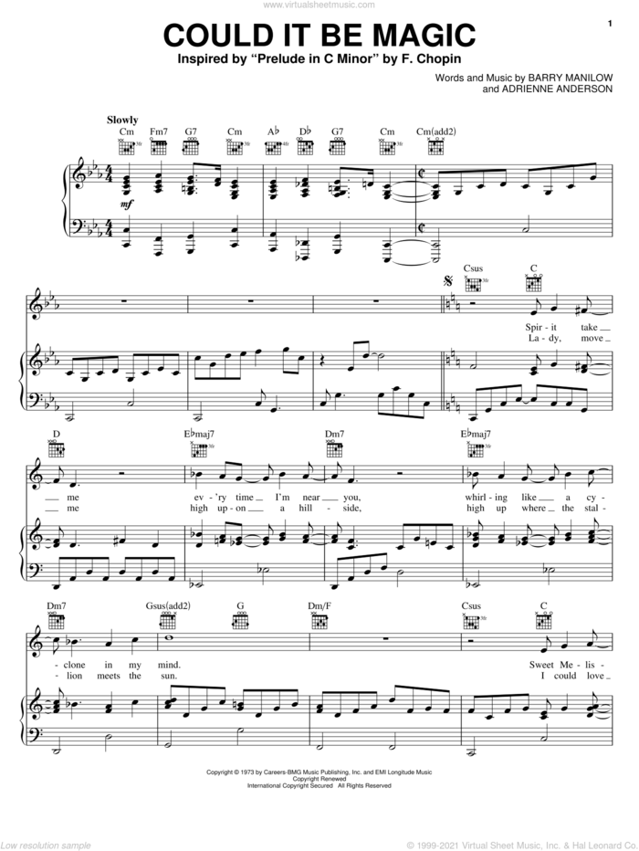 Could It Be Magic sheet music for voice, piano or guitar by Barry Manilow and Adrienne Anderson, intermediate skill level
