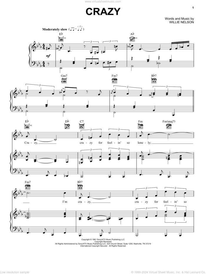 Crazy sheet music for voice, piano or guitar by Patsy Cline and Willie Nelson, intermediate skill level