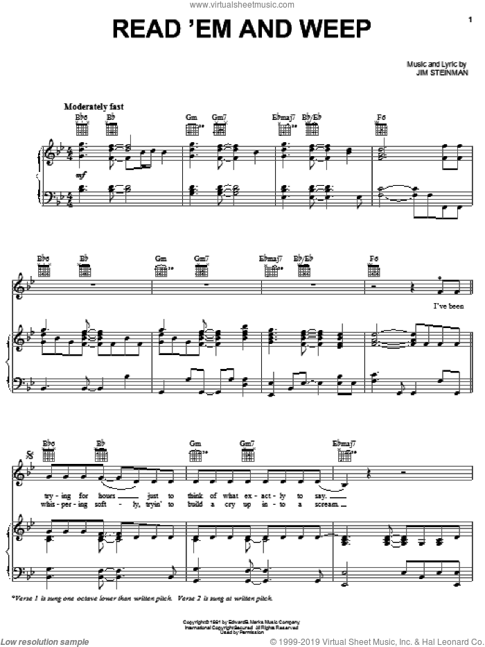Read'em And Weep sheet music for voice, piano or guitar by Meat Loaf, Barry Manilow and Jim Steinman, intermediate skill level