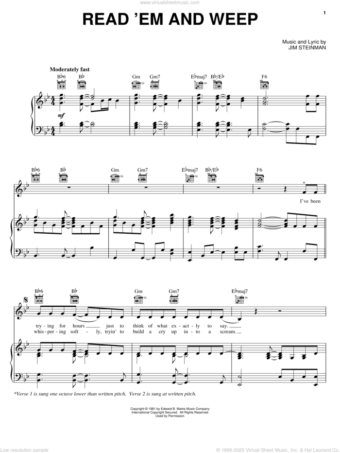 Read'em And Weep sheet music for voice, piano or guitar by Meat Loaf, Barry Manilow and Jim Steinman, intermediate skill level