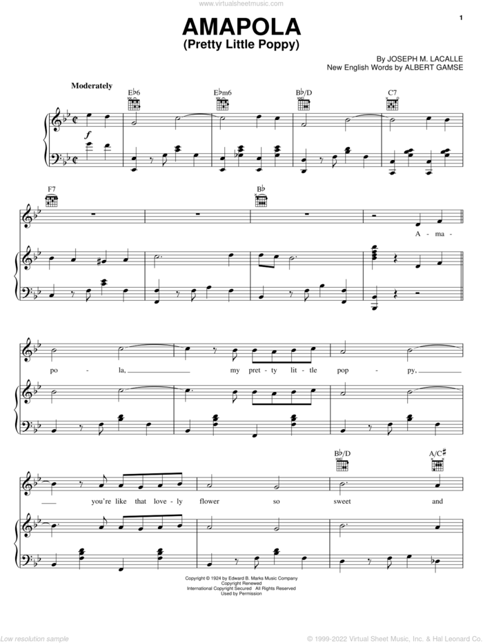 Amapola (Pretty Little Poppy) sheet music for voice, piano or guitar by Joseph M. Lacalle and Albert Gamse, intermediate skill level