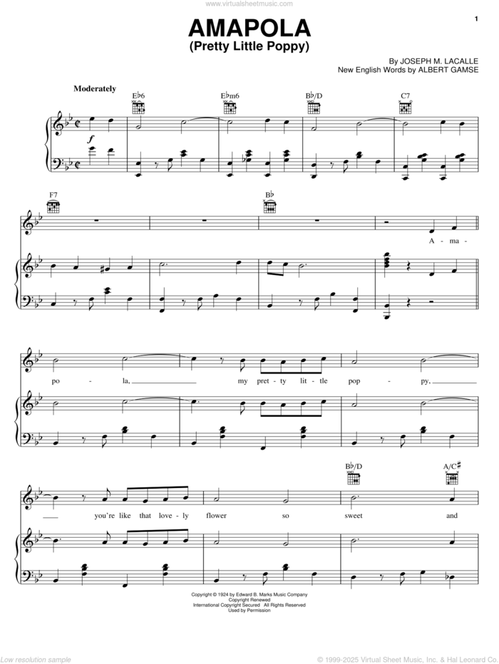 Amapola (Pretty Little Poppy) sheet music for voice, piano or guitar by Joseph M. Lacalle and Albert Gamse, intermediate skill level