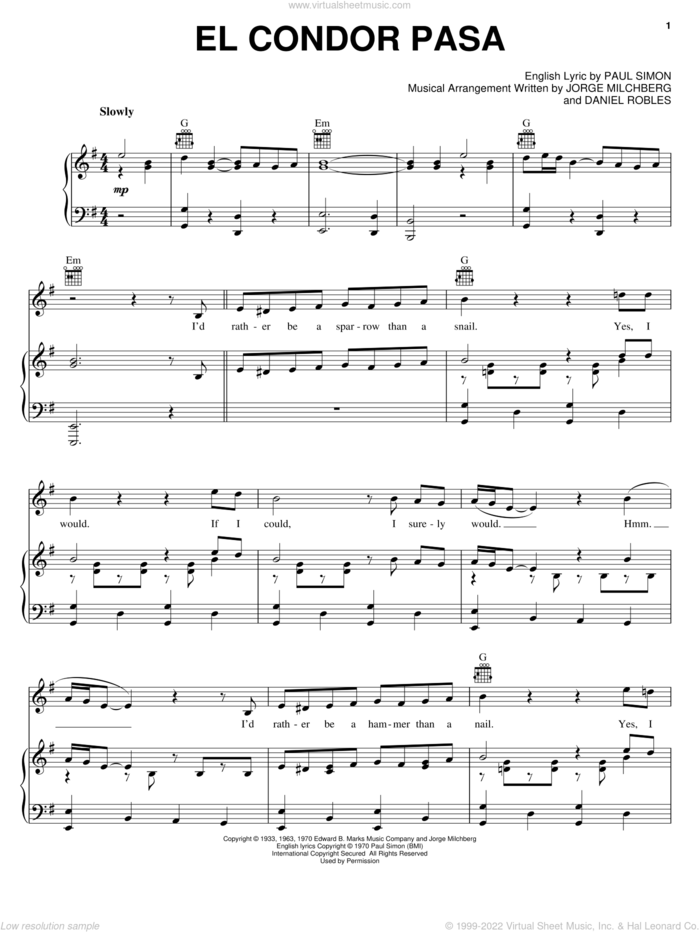 El Condor Pasa (If I Could) sheet music for voice, piano or guitar by Simon & Garfunkel, D. Robles, J. Milchberg and Paul Simon, intermediate skill level
