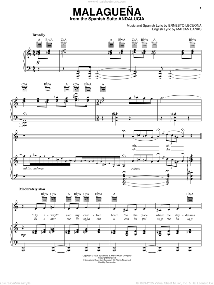 Malaguena sheet music for voice, piano or guitar by Ernesto Lecuona and Marian Banks, intermediate skill level