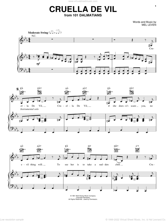 Cruella De Vil (from 101 Dalmations) sheet music for voice, piano or guitar by Mel Leven, intermediate skill level