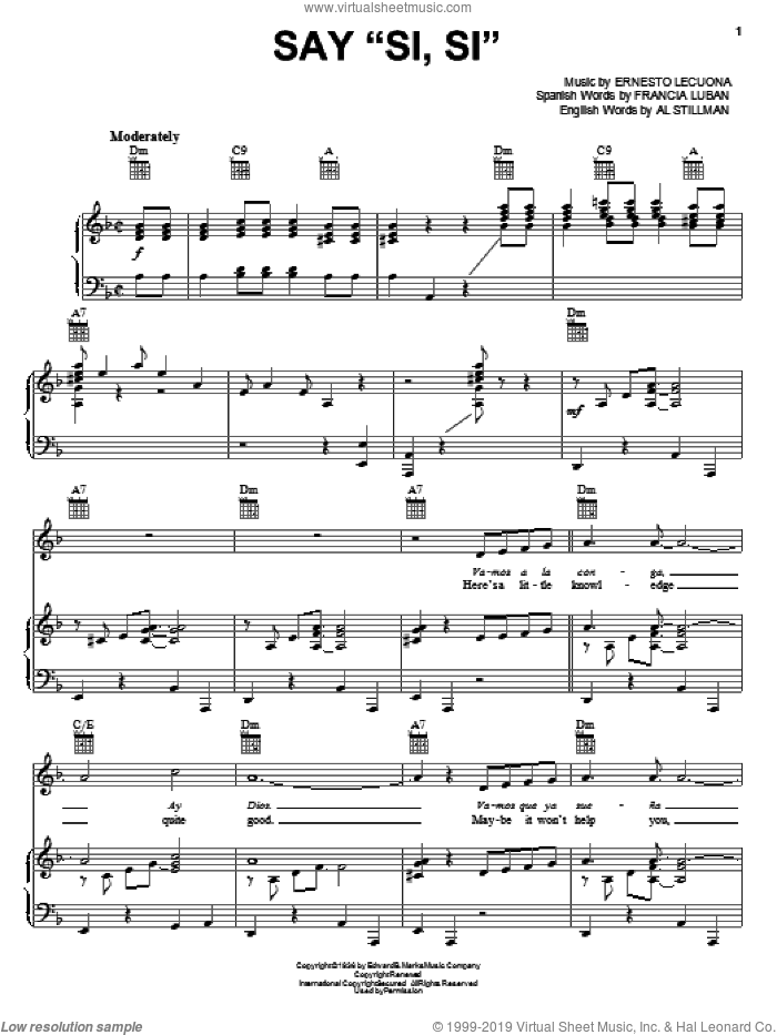 Say 'Si, Si' sheet music for voice, piano or guitar by Ernesto Lecuona, Al Stillman and Francia Luban, intermediate skill level