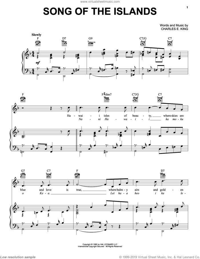 Song Of The Islands sheet music for voice, piano or guitar by Count Basie, Les Paul, Louis Armstrong and Charles E. King, intermediate skill level