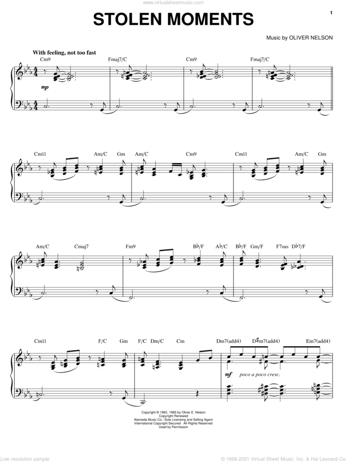Stolen Moments sheet music for piano solo by Oliver Nelson, intermediate skill level