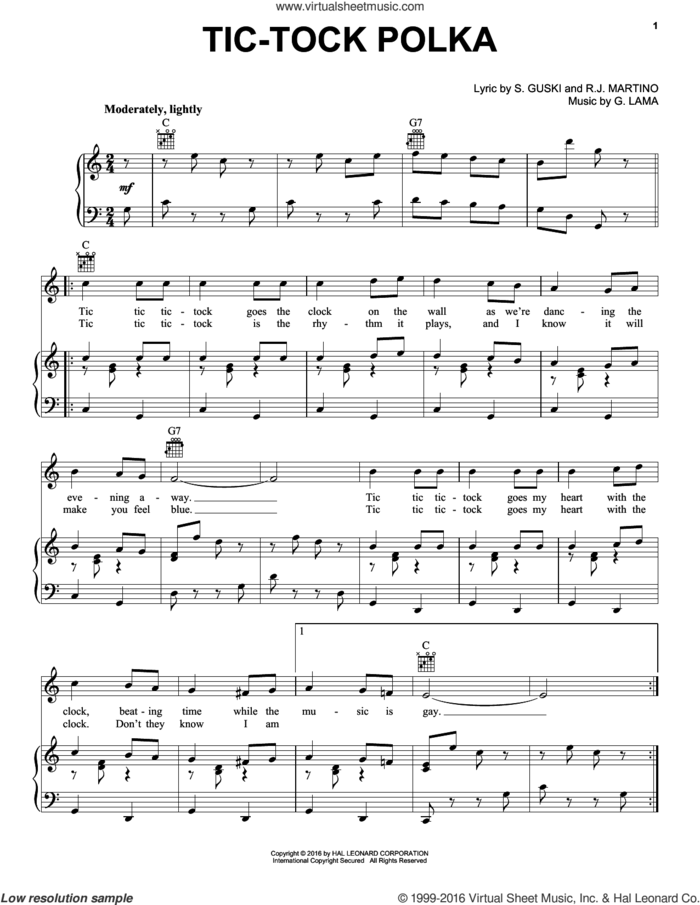 Tic-Tock Polka sheet music for voice, piano or guitar by Frankie Yankovic, G. Lama, R.J. Martino and S. Guski, intermediate skill level