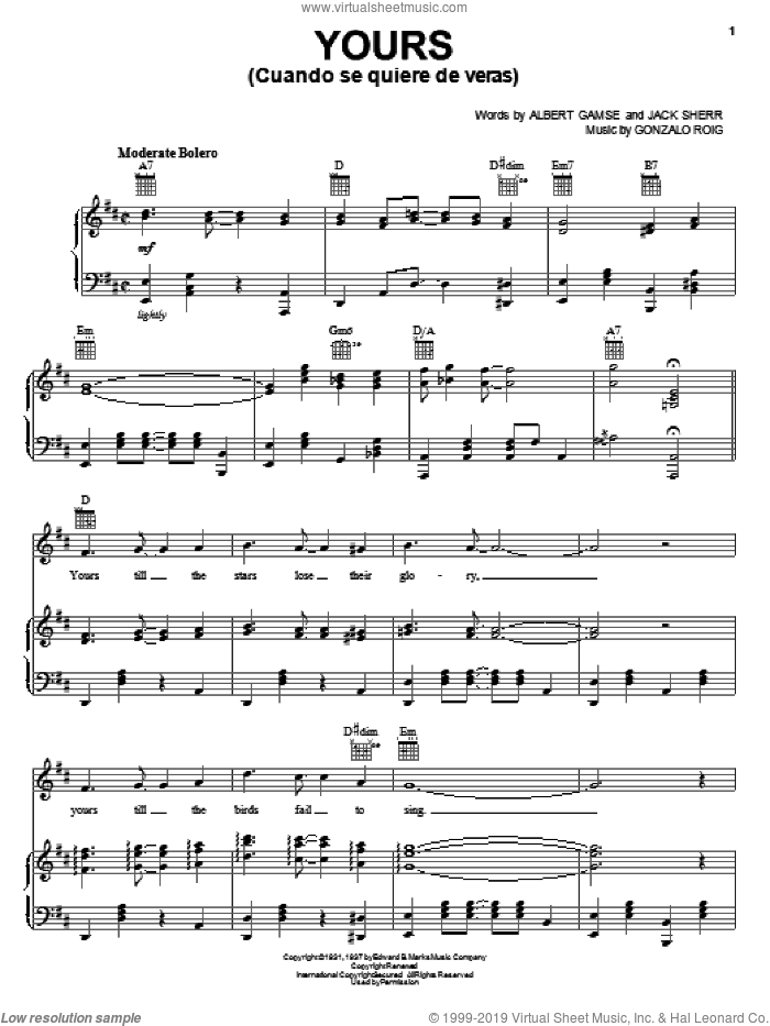 Yours (Cuando Se Quiere De Veras) sheet music for voice, piano or guitar by Gonzalo Roig, Albert Gamse and Jack Sherr, intermediate skill level