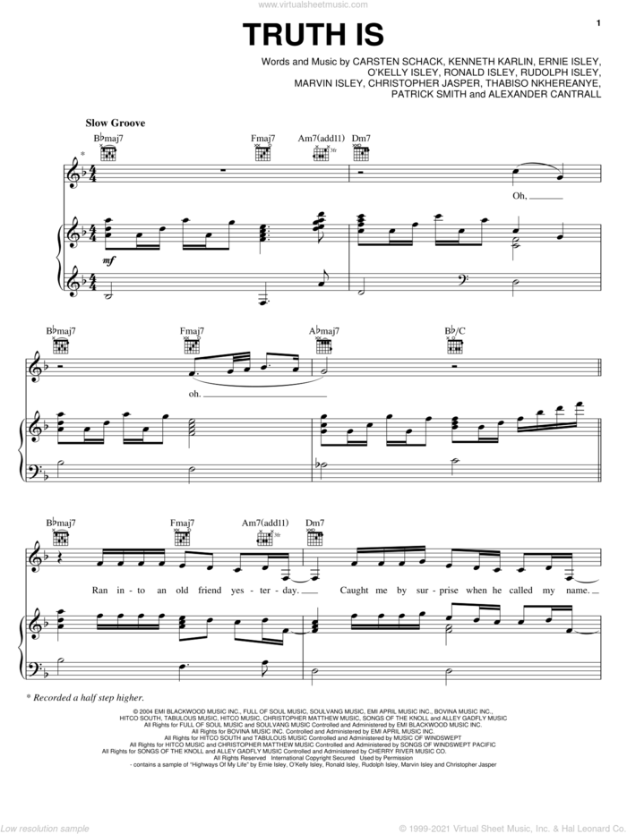 Truth Is sheet music for voice, piano or guitar by Fantasia, American Idol, Alexander Cantrall, Carsten Schack, Chris Jasper, Ernie Isley, Kenneth Karlin, Marvin Isley, O Kelly Isley, Patrick 'J. Que' Smith, Ronald Isley and Rudolph Isley, intermediate skill level