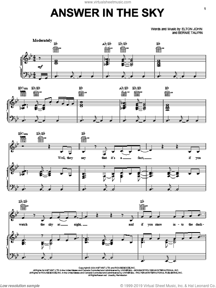 Answer In The Sky sheet music for voice, piano or guitar by Elton John and Bernie Taupin, intermediate skill level